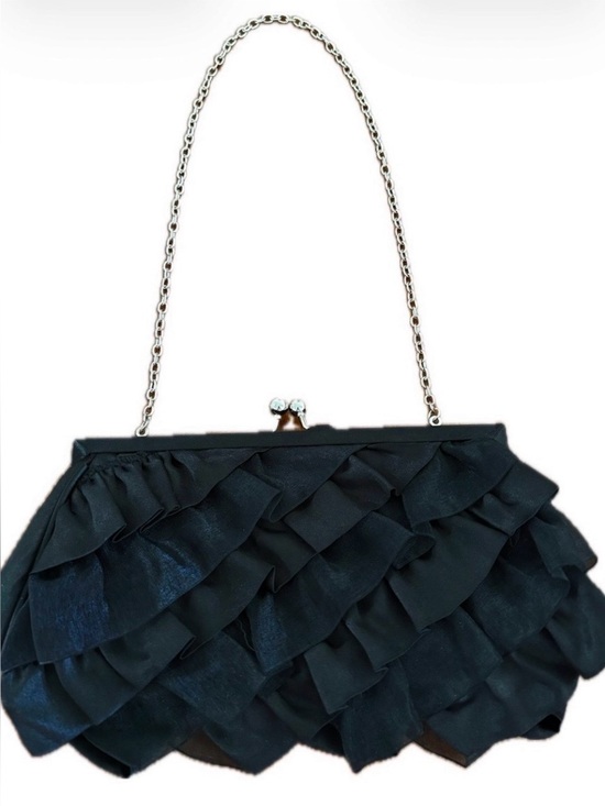 White House Black Market Handbags - White House Black Market Black Satin Ruffle Clutch Evening Bag, Silver Chain